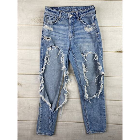 American Eagle Womens Mom Jeans 0 Short Destroyed Denim High Rise Stretch - Picture 1 of 12